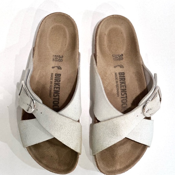 Birkenstock Siena size 7.5 / 38 Metallic Silver Suede Sandals Big Buckle - Picture 3 of 5